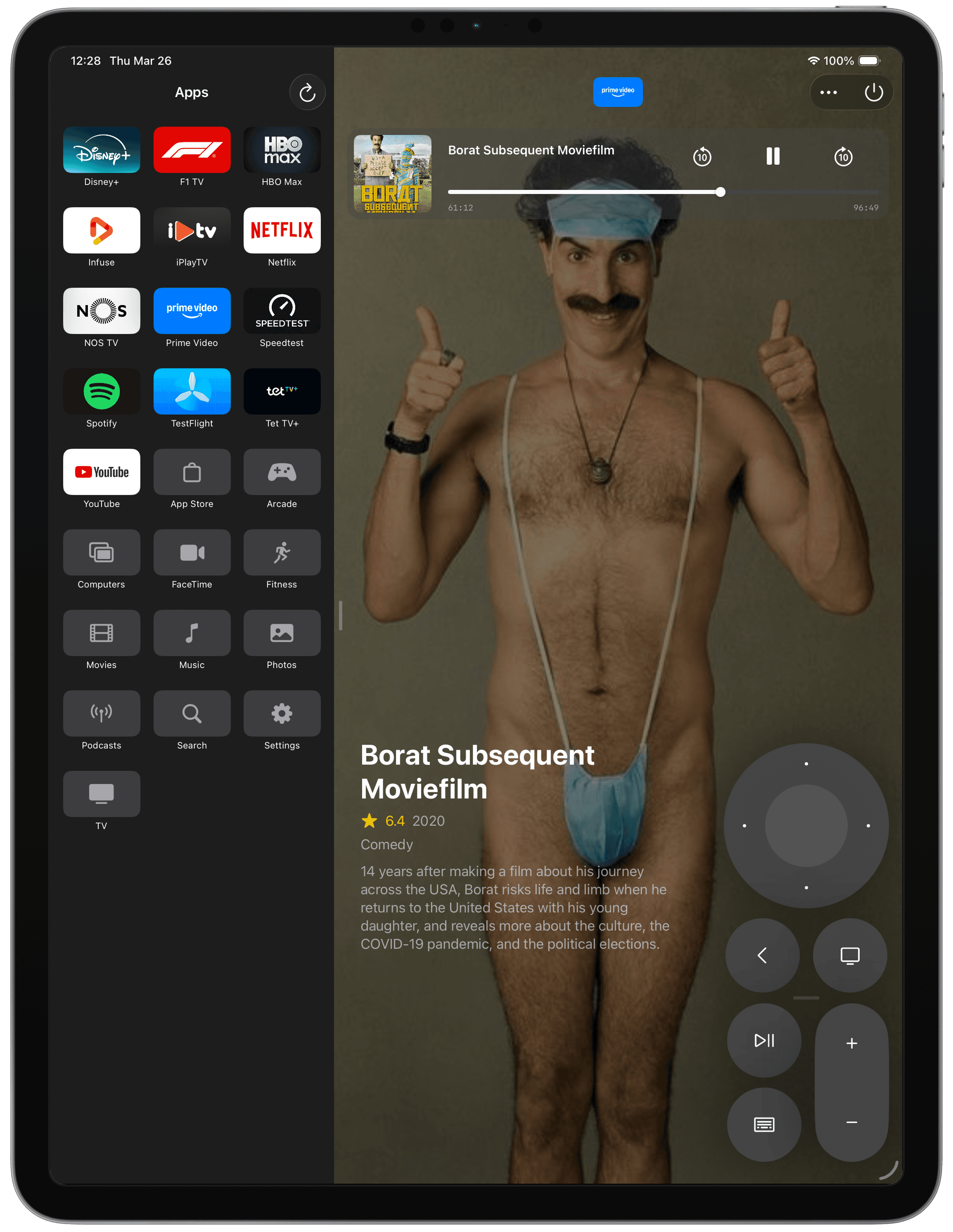 Itsytv auf dem iPad mit App-Launcher und Fernbedienung nebeneinander